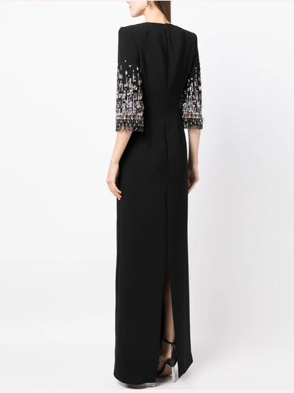 HIGH STREET Newest Fashion 2026 S/S Designer Vestido Women's Half Sleeve Stunning Beaded  Long Maxi Dress