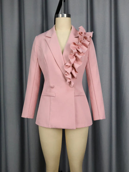Women Ruffle Suit Blazer Jacket Long Sleeve Pink Elegant Slim Fit Office Outfits Formal Business Wear Tops for Autumn Winter