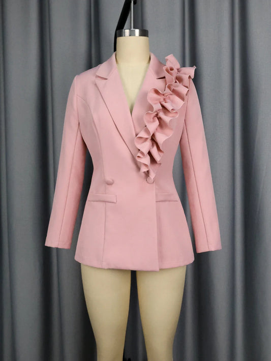 Women Ruffle Suit Blazer Jacket Long Sleeve Pink Elegant Slim Fit Office Outfits Formal Business Wear Tops for Autumn Winter