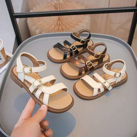 Girls Roman Sandals Open Toe Little Kids Leather Sandals with Buckle Open Toe Children Summer Beach Shoes Non-Slip Soft Sole