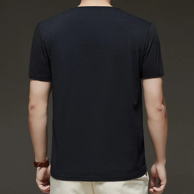 2026 New Men's Business Casual Three Button V-neck Short Sleeved T-shirt Korean Style Summer Comfortable Versatile Top