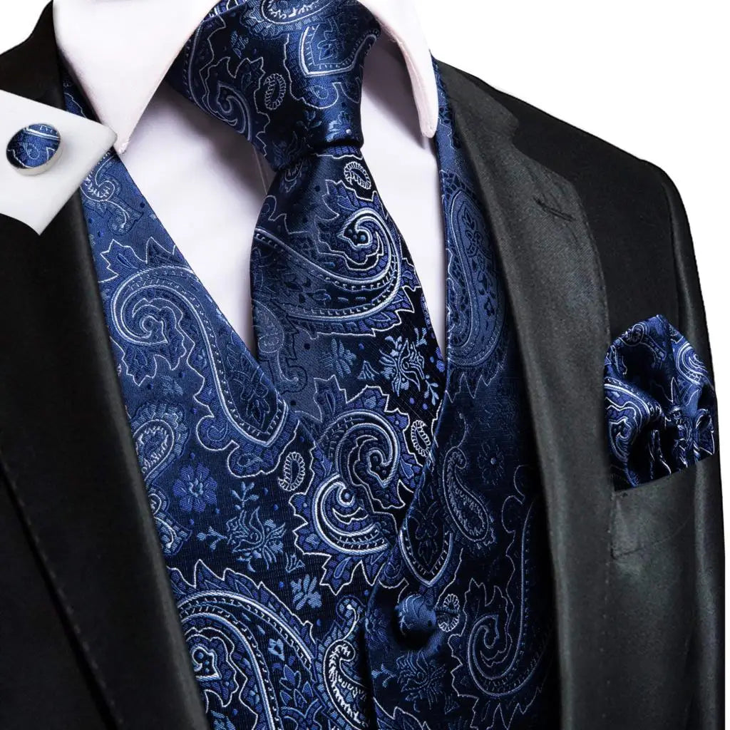 20 Color Men's Vests Tie Business Formal Dress Slim Sleeveless Jacket 4PC Hanky Cufflink Blue Paisley Suit Waistcoat