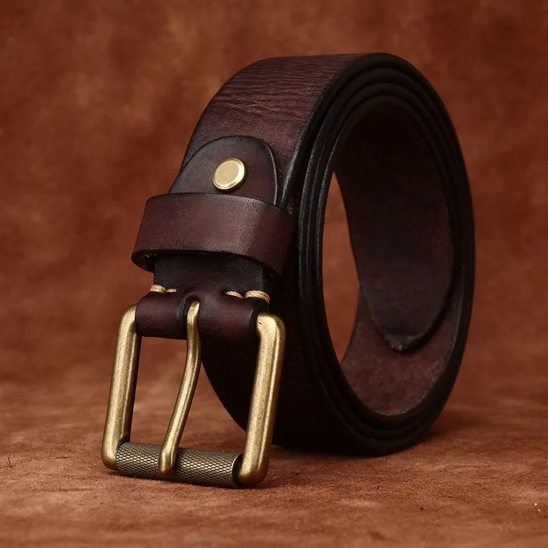 3.8CM Genuine Leather Belt Men Luxury Strap Male Fashion Pure Cowhide Copper Buckle Wild Classic Retro Pin Buckle High Quality