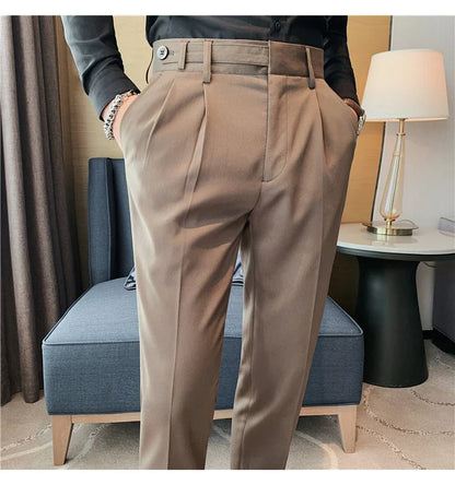 Autumn Winter High Quality Solid Casual Pants Men Belt Design Slim Fit Trousers Formal Office Business Social Party Suit Pants
