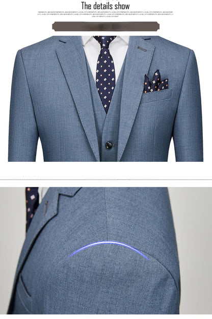 Jacket+Vest+Pants / 2023 High Quality Men Slim Suit Formal Business Groom Wedding Social Dress Blue Grey High-end Casual Tuxedo