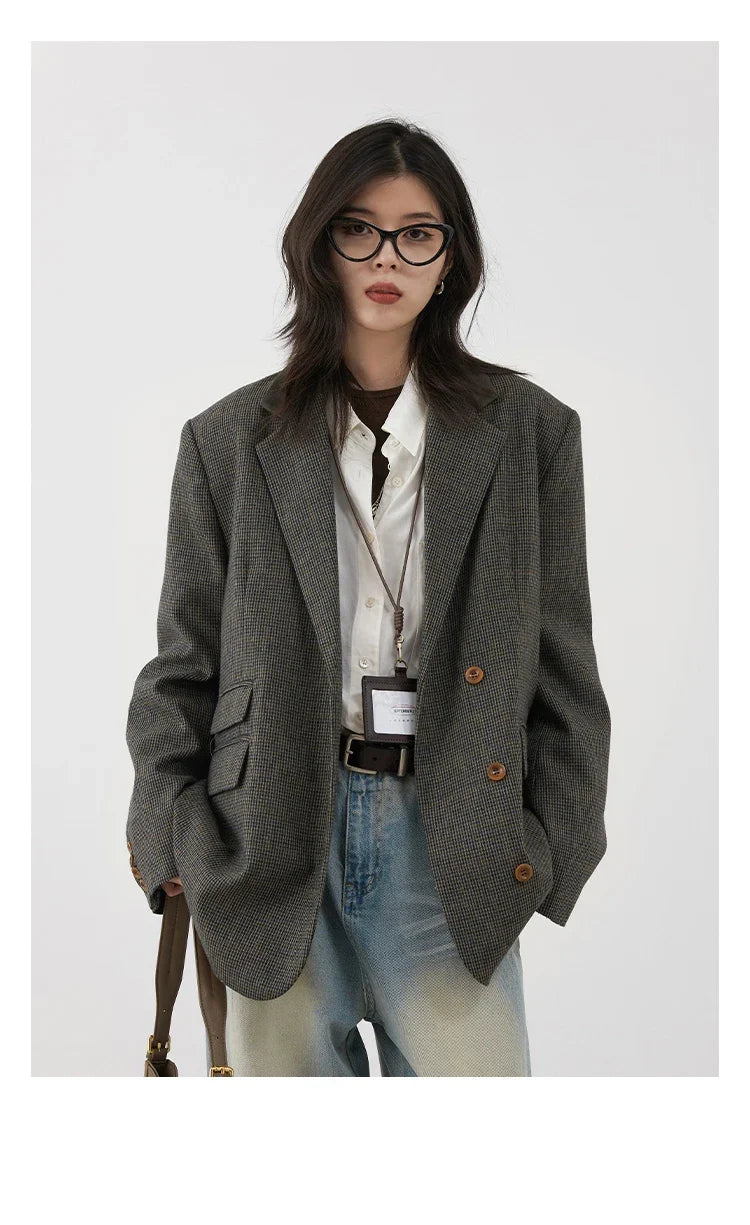 Women's Woolen Blazer Loose Retro Single Breasted Female Jacket Mid Length Plaid Coat for Woman Autumn Winter 2024