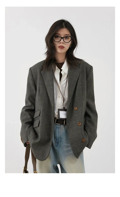Women's Woolen Blazer Loose Retro Single Breasted Female Jacket Mid Length Plaid Coat for Woman Autumn Winter 2024