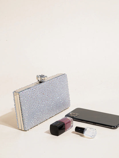Classic Elegant Mini Square Rhinestone Decor Evening Clutch Bag, Clip Women's Dinner Wallet, Luxury Prom Bag