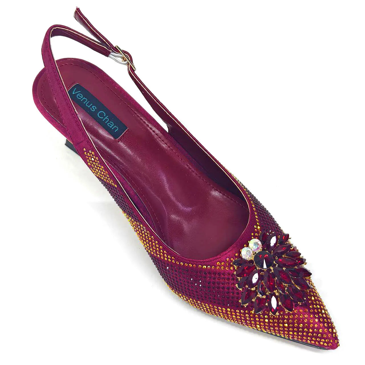 2024 Italian Design Rhinestone Luxury Wine Colour Pointed Toe Shoe & Bag Set Women's High Heels for Parties By Venus Chan