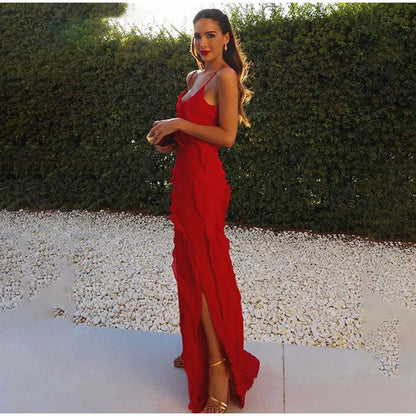 2024 Summer Fashion New Elegant Women's Sexy Chiffon Vacation Style Sling Dress with Ruffle Edge Style Long Dress