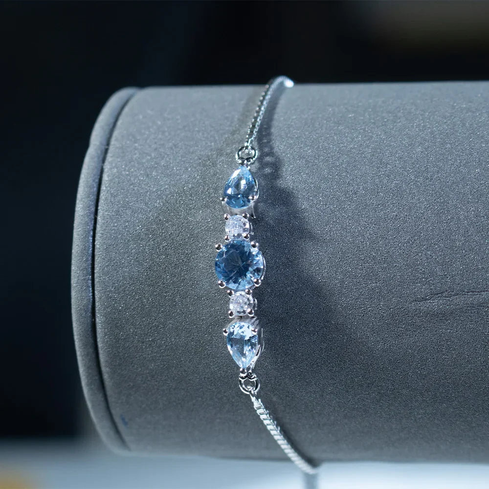 925 Sterling Silver Bracelets Adjustable Bangle Nano Blue Topaz Bracelet Round Pear Bracelets for Woman Wedding