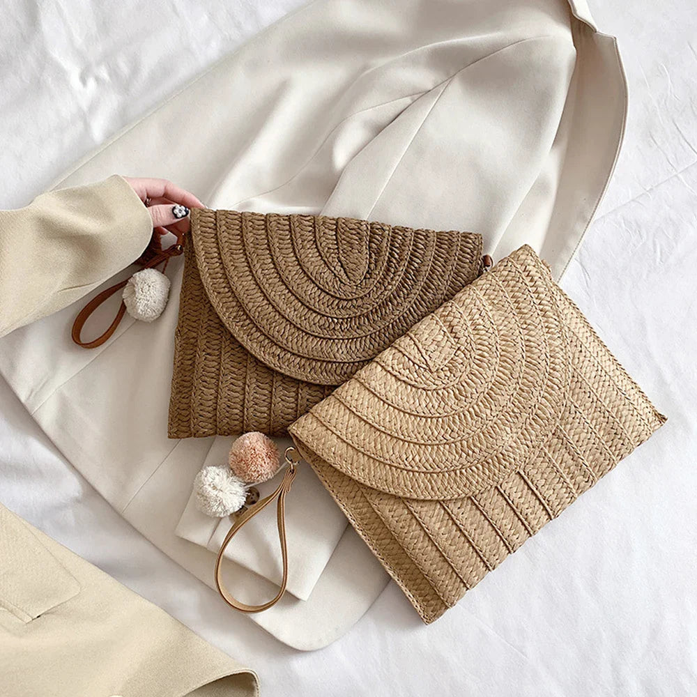 Handmade Ladies Straw Woven Bags Women Summer Holiday Beach Casual Clutch Purse Elegant Shoulder Handbag Raffia Envelope Wallets