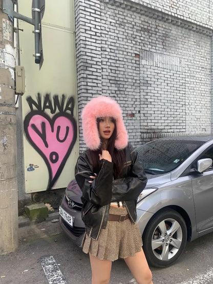 Korean Ins Imitation Mink Plush Hat Winter Women Ear Protection Bomber Hats Fashion Warm Fluffy Faux Fur Ski Beanies Y2k Gift