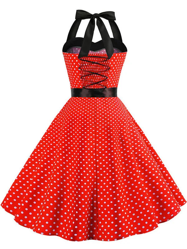 Women Polka Dot Print Summer Dress Sexy Retro White Halter Vintage Dress Robe Femme Pin Up Rockabilly Party Dress