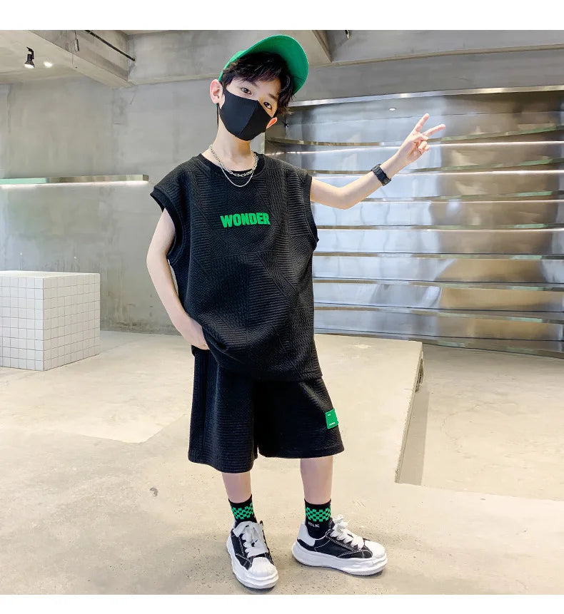Summer Boys Waffle Alphabet Sleeveless t-Shirt Tops+Short Pants Set School Kids Tracksuit Child 2PCS Outfit Jogger Suit 5-16 Yrs
