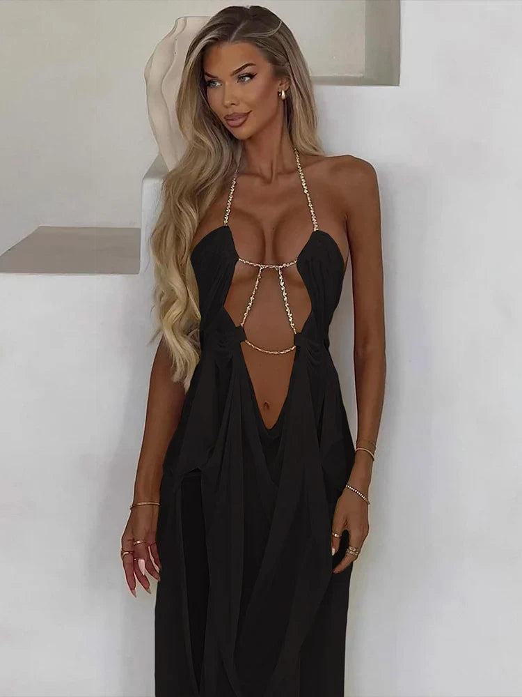 Prom Party Gown Dress Woman Sexy See Through Luxury Chain Halter Low-Neck Backless Sleeveless Midnight Elegant Vestidos
