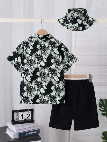 3-Piece Set Boys Summer Children's Fashion Holiday Shirt And Shorts Ensemble with Hat for Outdoor Vacation Wear Casual Daily