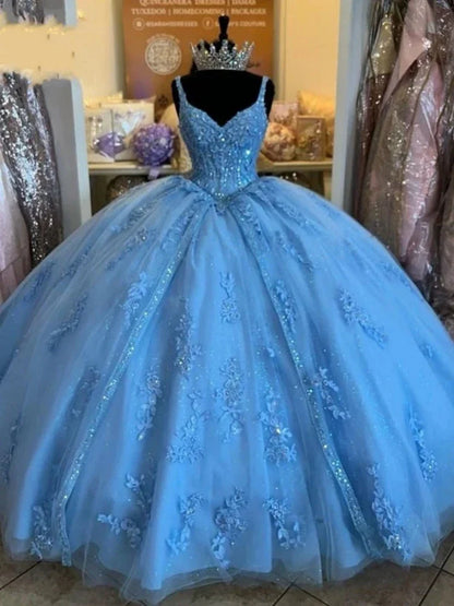 Women's Sweetheart Quinceanera Dresses Ball Gown Spaghetti Straps Applique Sweet 16 Dresses for Teens