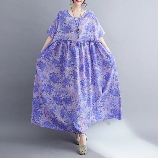 Robe Plus Size 100KG Summer Dress Women Floral Loose Vestidos Para Mujer Casual Maxi Print Cotton Linen Oversized BOHO