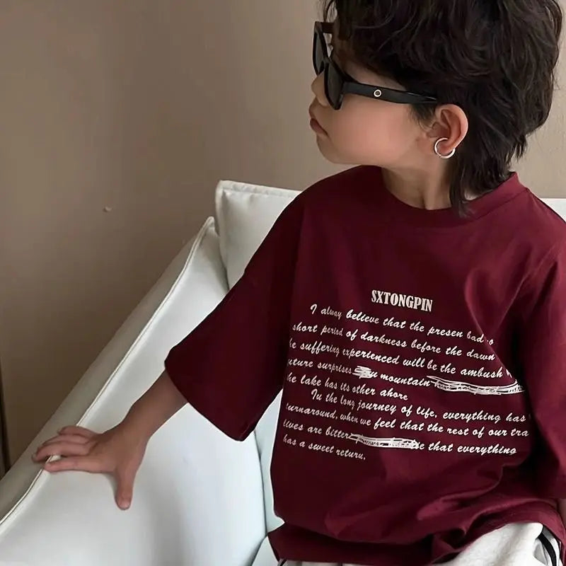 Boys' Korean Style 100% Cotton Short Sleeve T-Shirt Summer New Letter Print Casual Streetwear Cool