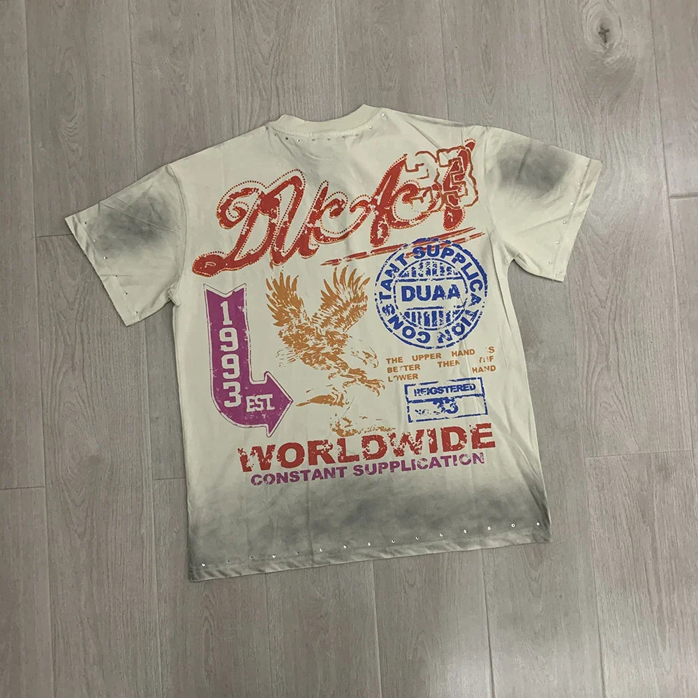Car Letter Rhinestone Washed Cotton Short Sleeve Tshirts for Men and Women Harajuku Hip Hop Loose Shinning Diamond Tees Oversize