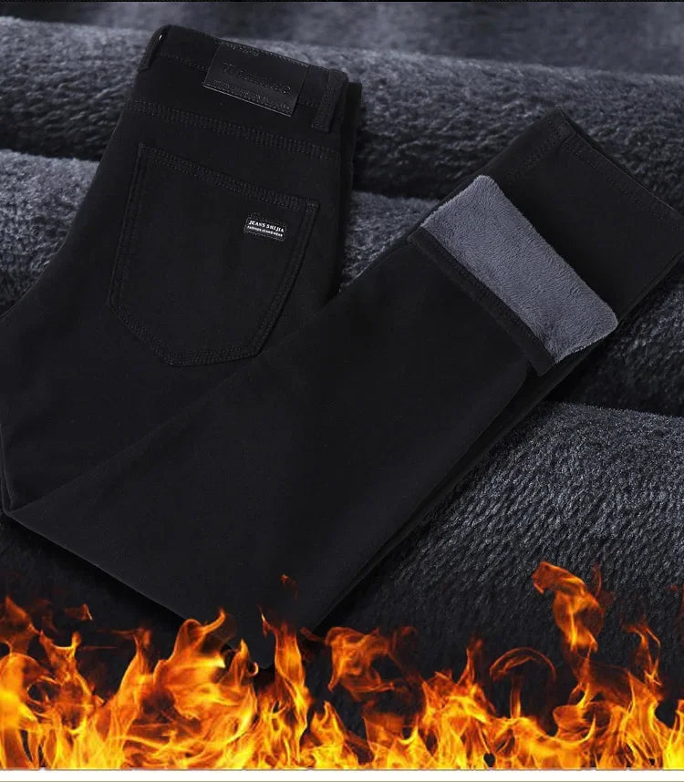 Men New Winter Classics Fleece Thick Warm Jeans Men's Loose Straight Elastic Denim Pants Casual Plush Trousers Large Size 28-40