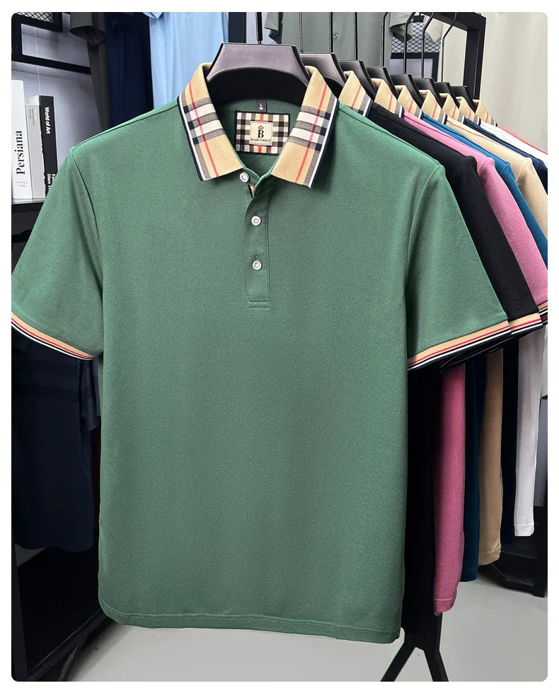 Fashion brand luxury short sleeve polo shirt men summer quality silky cotton breathable business casual striped collar T-shirt