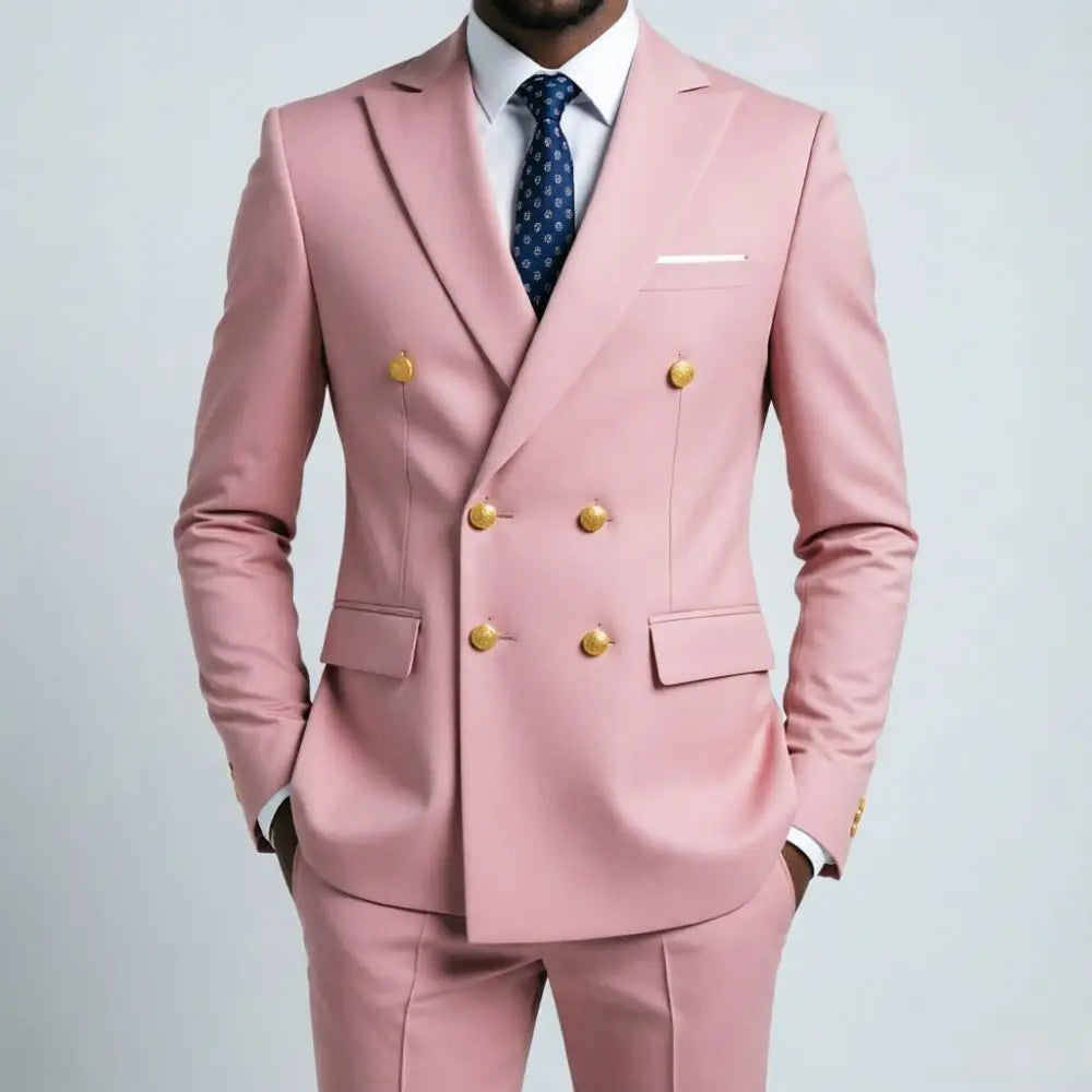 Mens Beige Slim Fit Double Breasted 2 Piece Formal Wedding Tuxedo Gold Buttons Flap Pockets Decorative Cuff Buttons Groom Prom