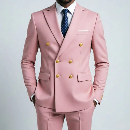 Mens Beige Slim Fit Double Breasted 2 Piece Formal Wedding Tuxedo Gold Buttons Flap Pockets Decorative Cuff Buttons Groom Prom