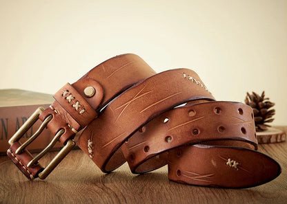 3.8CM Real Genuine Leather Belt Luxury Designer Brass Double Pin Buckle Belts Pure Cowskin Vintage Strap Male Jeans Belt for Men