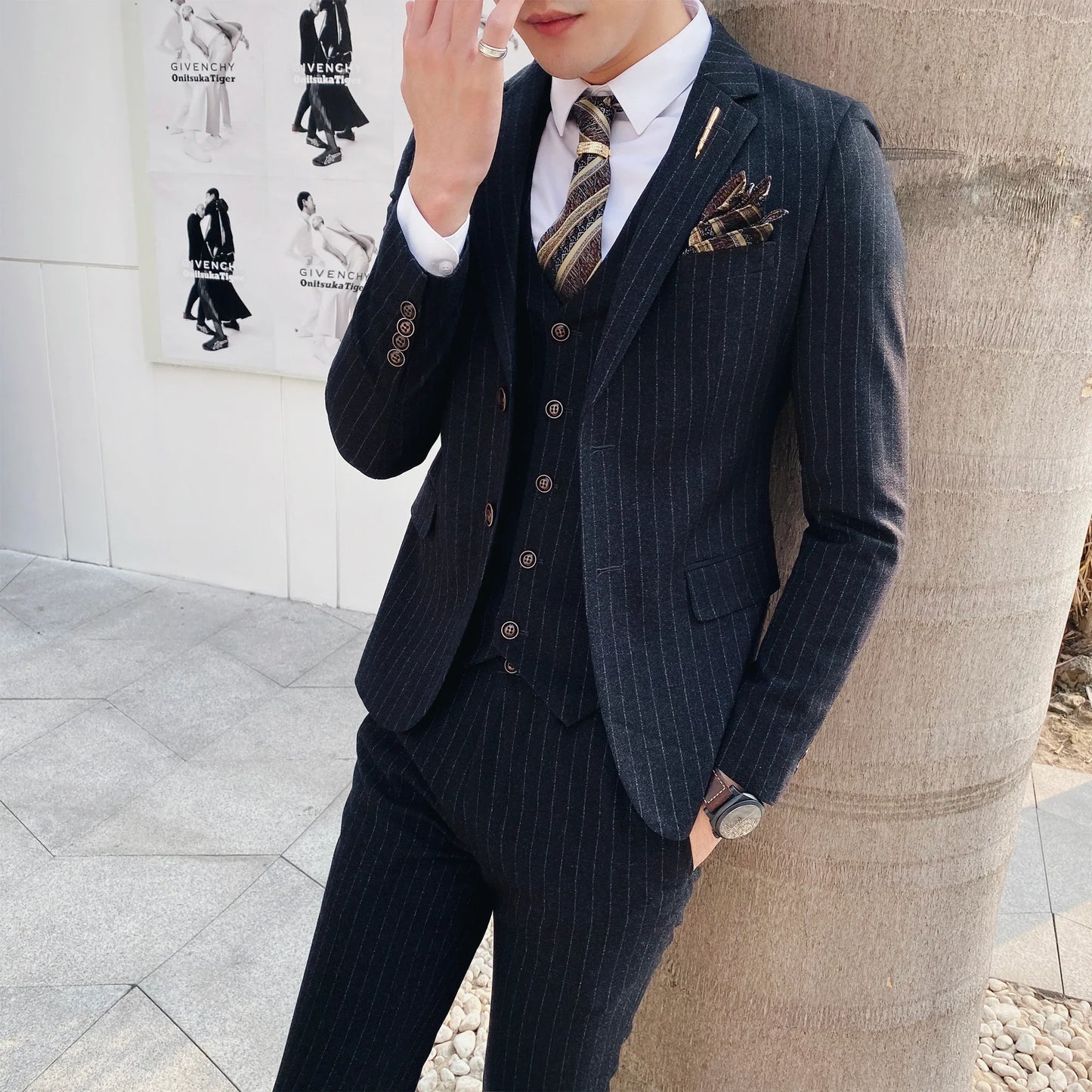 (Blazer+Vest+Pants) 2024 New Striped  Wedding Suits  for Men Three Piece Business Casual Party Multi-Occasion Slim Dress