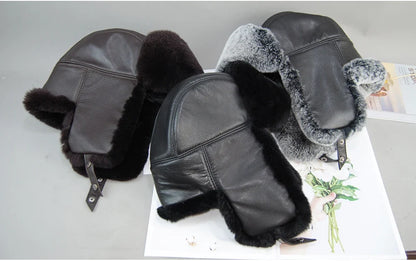 Winter Russian Man Woman White Skin Natural Rex Rabbit Fur Hats Luxury Real Sheepskin Leather Cap Unisex Real Fur Bomber Hat