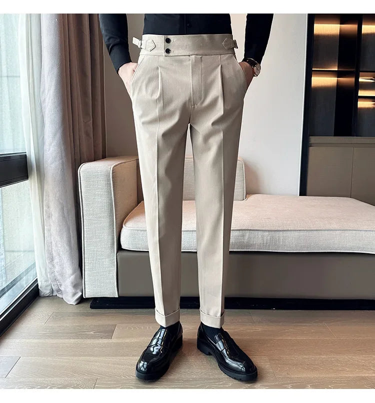 Autumn Winter High Waist Business Dress Pants Men Casual Belt Design Slim Suit Pants Formal Wedding Social Party Male Trousers