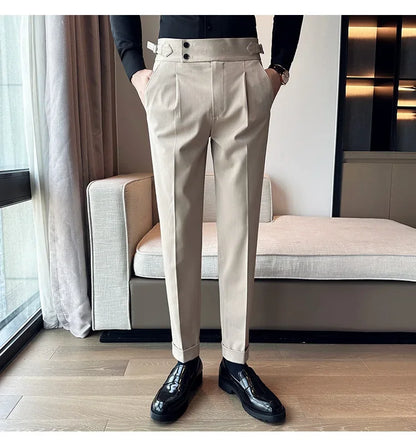 Autumn Winter High Waist Business Dress Pants Men Casual Belt Design Slim Suit Pants Formal Wedding Social Party Male Trousers