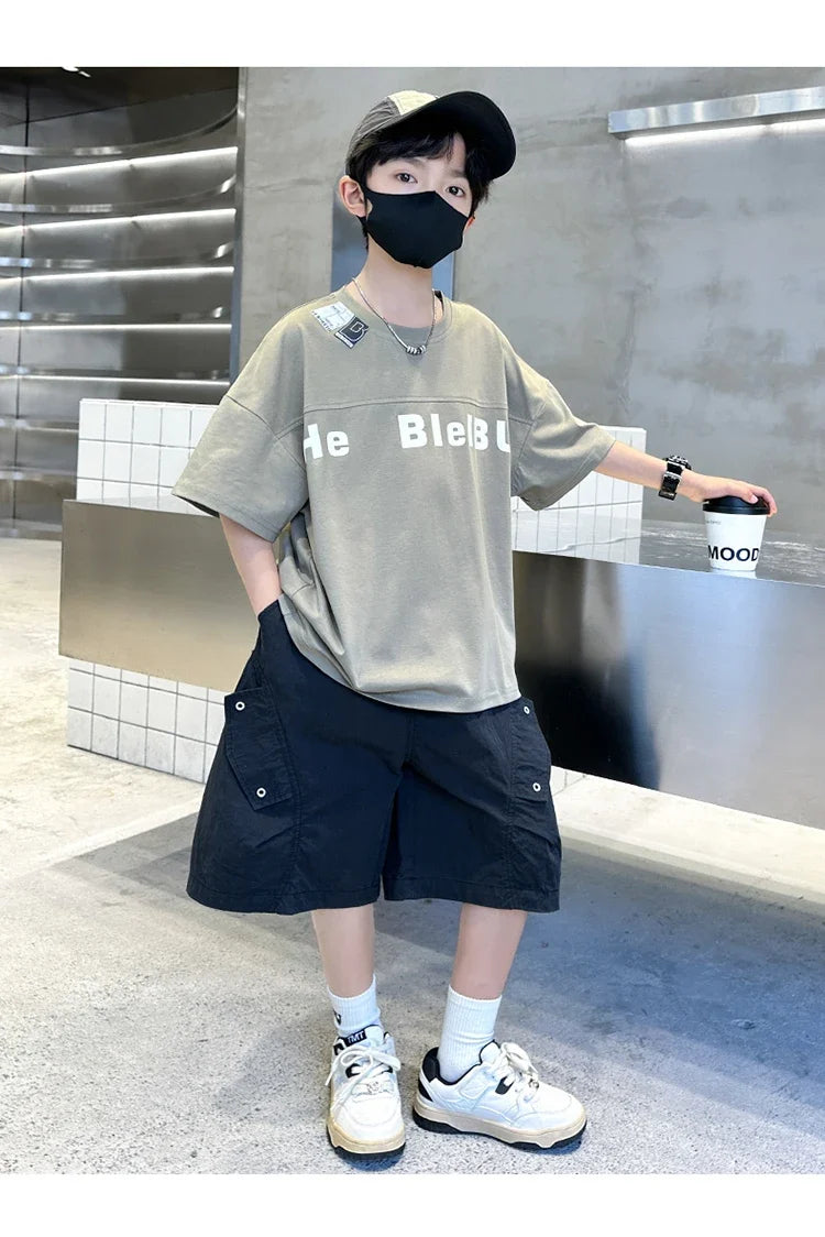 New Casual Boys Top and Bottom Clothes Set Summer Suit for Tween Children Clothing Kids Teenager Shorts Sleeve Tshirt Shorts Set