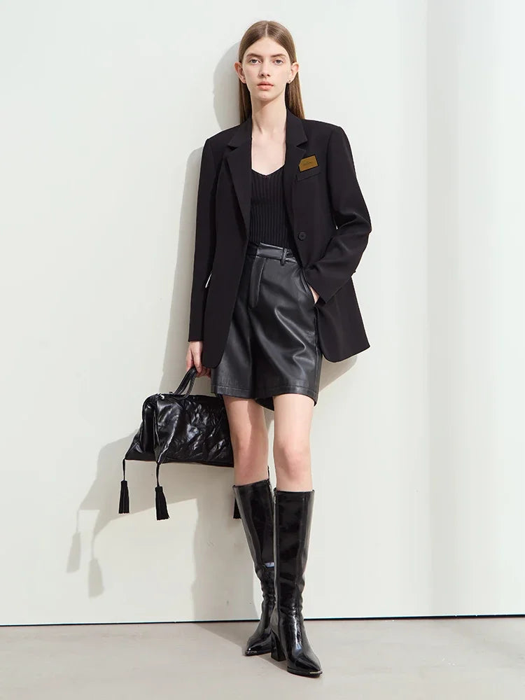 Minimalism Women's Blazers 2025 Autumn New Lapel Collar Shoulder Pad Fashion Slit Mid-length Basic Female Jackets 12443096