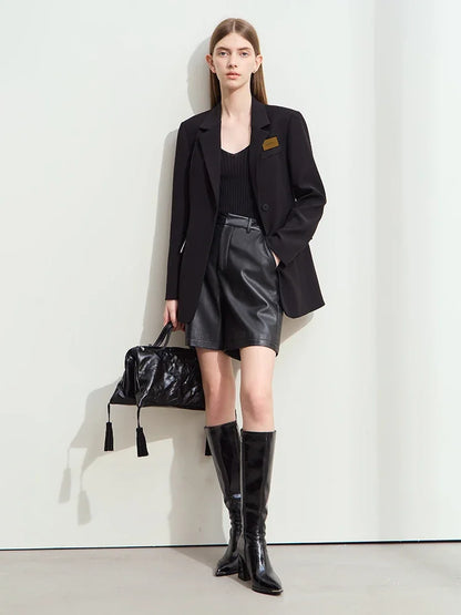 Minimalism Women's Blazers 2025 Autumn New Lapel Collar Shoulder Pad Fashion Slit Mid-length Basic Female Jackets 12443096