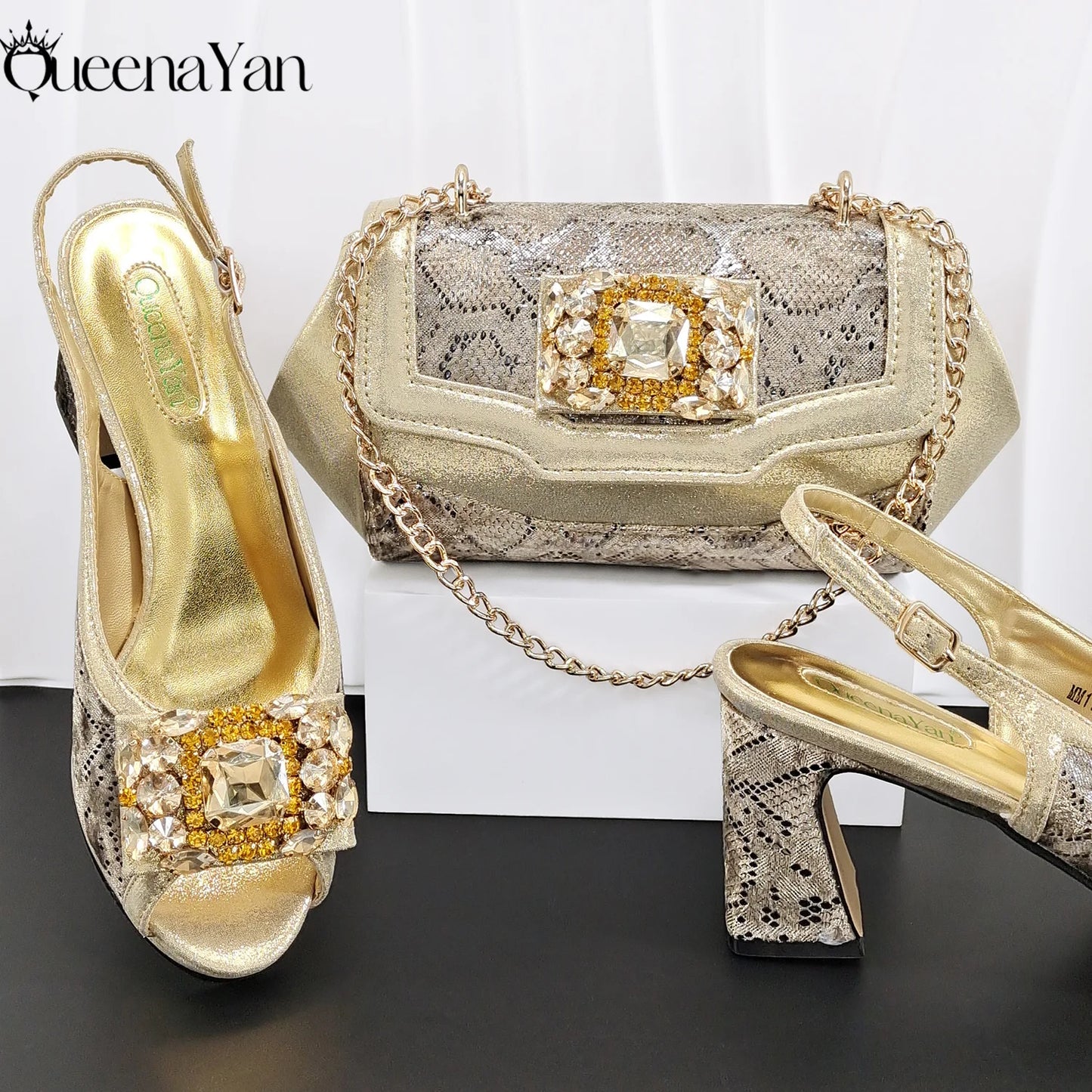 Evening's Best Shoes and Bag! Full Diamond Design Irregular Handle Bag Stiletto Heel and Pointed Toe Women's Sho
