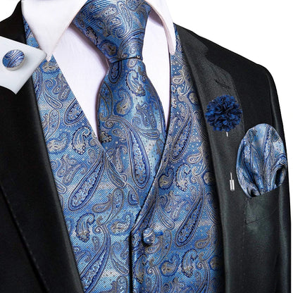 Navy Blue Mens Silk Vests Business Paisley V-Necl Waistcoat Tie Hanky Cufflinks Brooch Set for Men Suit Wedding Formal Hi-Tie
