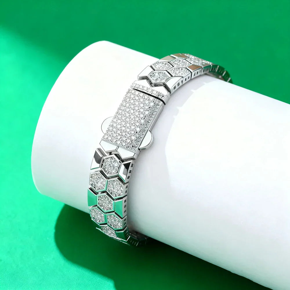 Full Moissanite Bracelet for Men Woman Lab Diamond with GRA Certified Unique Honeycomb Design S925 Sterling Silver Party Jewelry