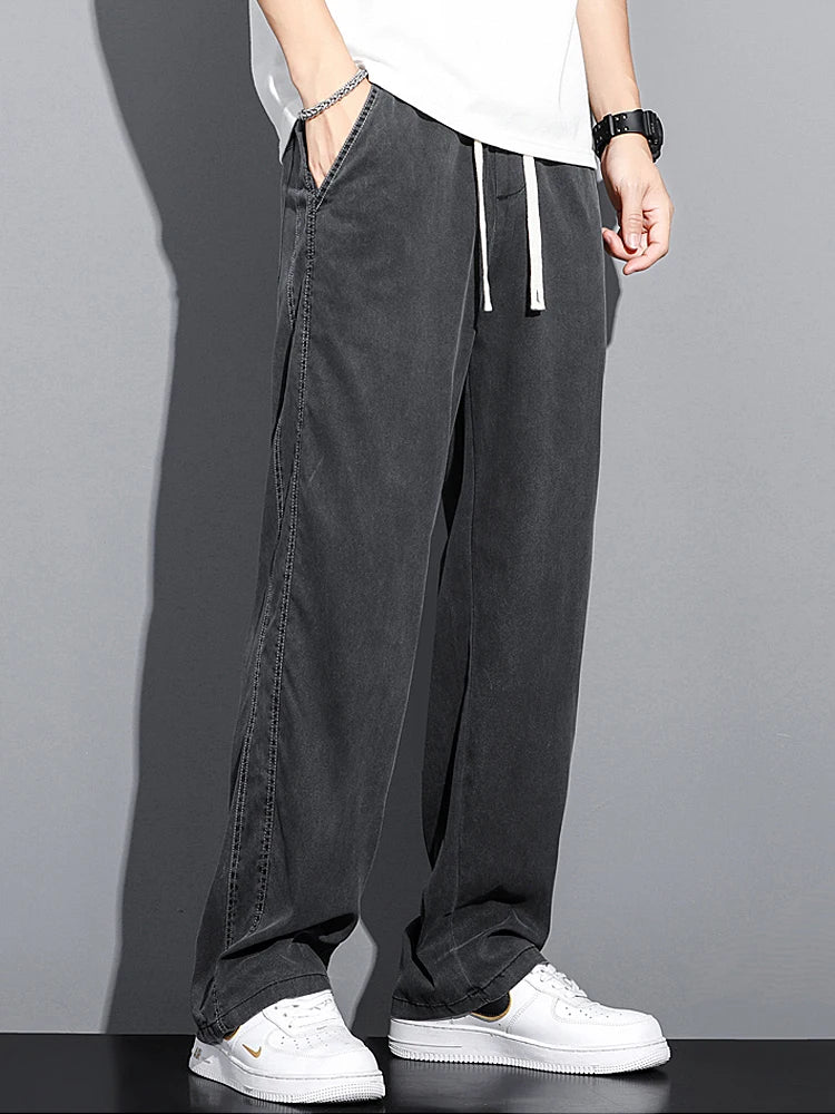 Summer Soft Lyocell Fabric Men's Jeans Thin Loose Straight Pants Drawstring Elastic Waist Korea Casual Trousers Plus Size M-5XL