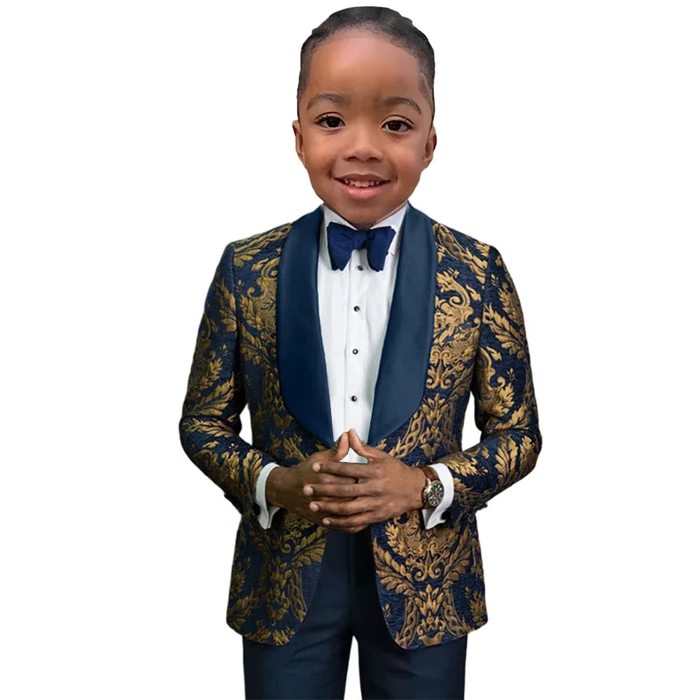 Boy's Suit Set 3 Pieces Luxury Gold Paisley Kids Formal Tuxedo Wedding Ring Bearer Prom Outfit  Stylish Child Suits Jacket Pants