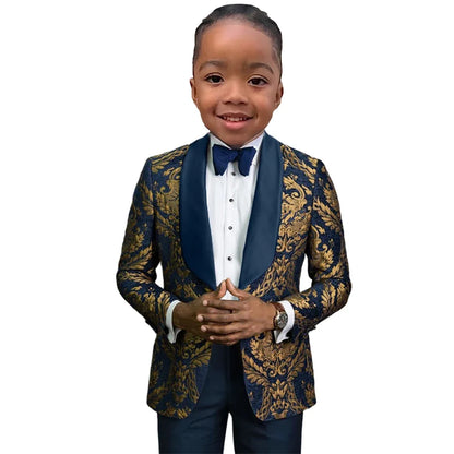 Boy's Suit Set 3 Pieces Luxury Gold Paisley Kids Formal Tuxedo Wedding Ring Bearer Prom Outfit  Stylish Child Suits Jacket Pants