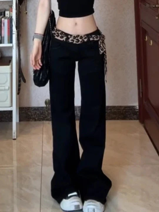 Women  Dark Academia Korean Slim Harajuku Y2K Low Rise Denim Flare Pants 2000s Kpop Bell-Bottom Long Trousers Abi Black Jean