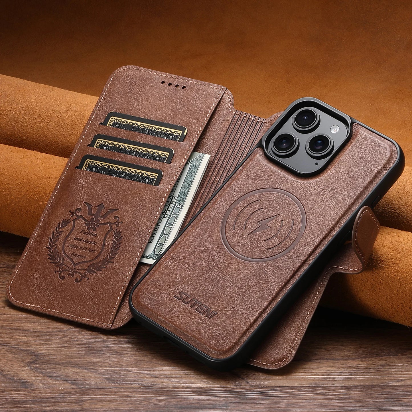 PU Leather Wireless Charging Card Holder Stand Wallet Magnetic Flip Cover Phone Case For iPhone 17 Pro Max 16 Plus 15 14 13 12