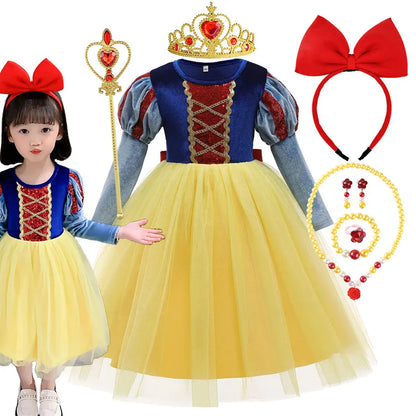 Child Snow White Costume Princess Ball Gown Girls Birthday Party Fantasy Velvet Bodice Mesh Tutu Skirt Kid Cosplay Outfit 2-10Yr