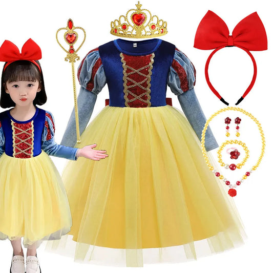 Child Snow White Costume Princess Ball Gown Girls Birthday Party Fantasy Velvet Bodice Mesh Tutu Skirt Kid Cosplay Outfit 2-10Yr