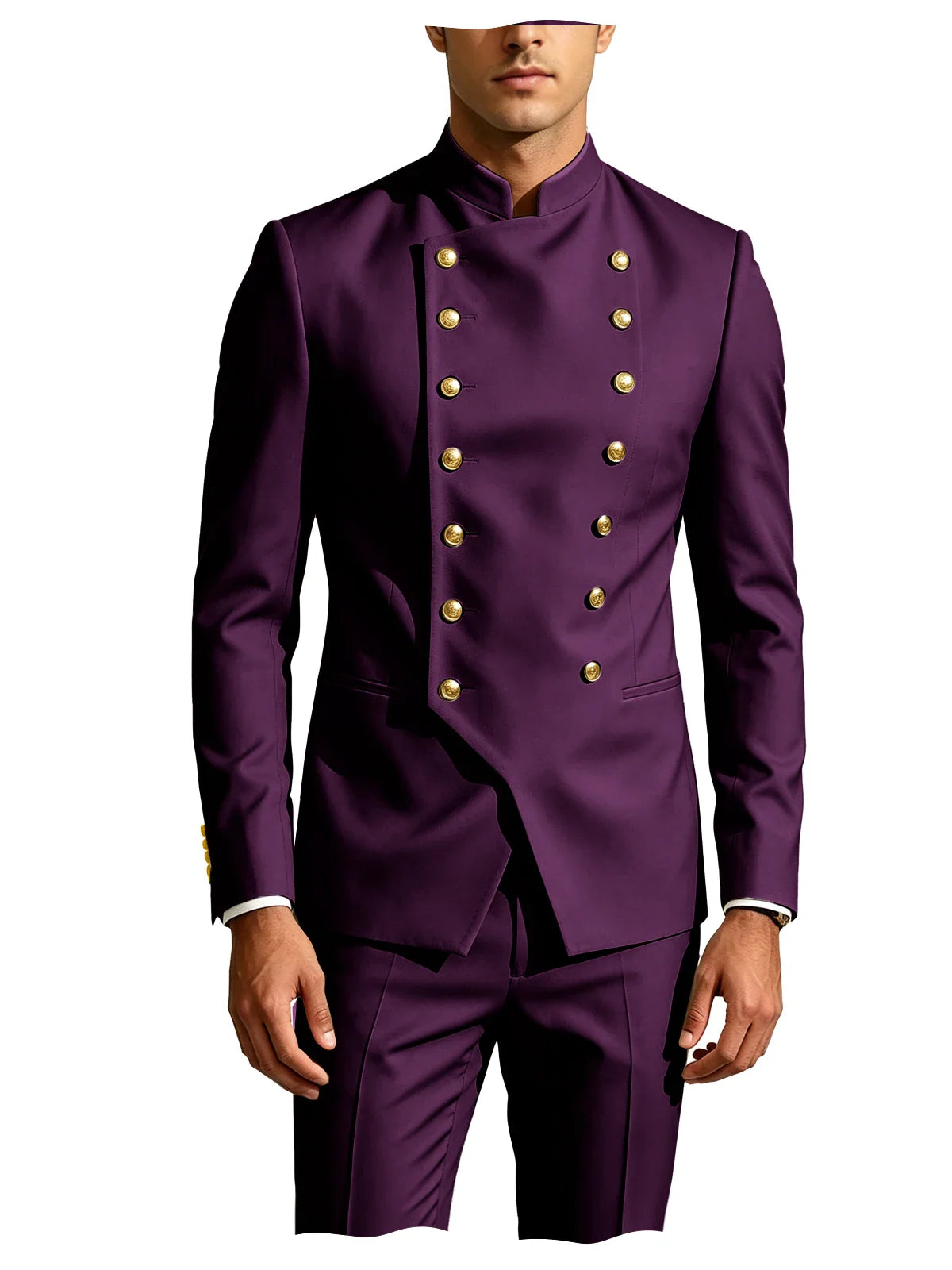 Men's Double Breasted Stand Collor Suit 2 Pieces Blazer Pants Set Slim Fit Business Casual Suit Jacket Formal Wedding Tuxedo
