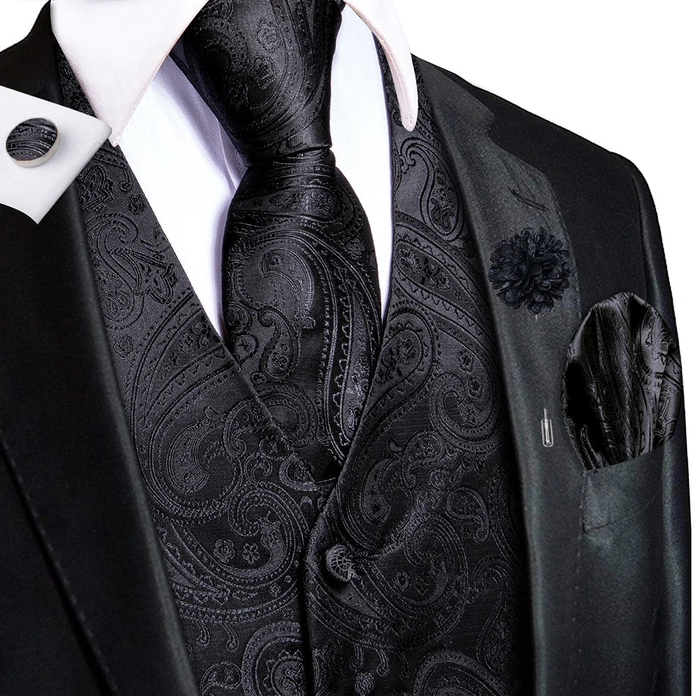 Navy Blue Mens Silk Vests Business Paisley V-Necl Waistcoat Tie Hanky Cufflinks Brooch Set for Men Suit Wedding Formal Hi-Tie