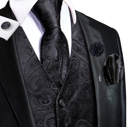 Navy Blue Mens Silk Vests Business Paisley V-Necl Waistcoat Tie Hanky Cufflinks Brooch Set for Men Suit Wedding Formal Hi-Tie